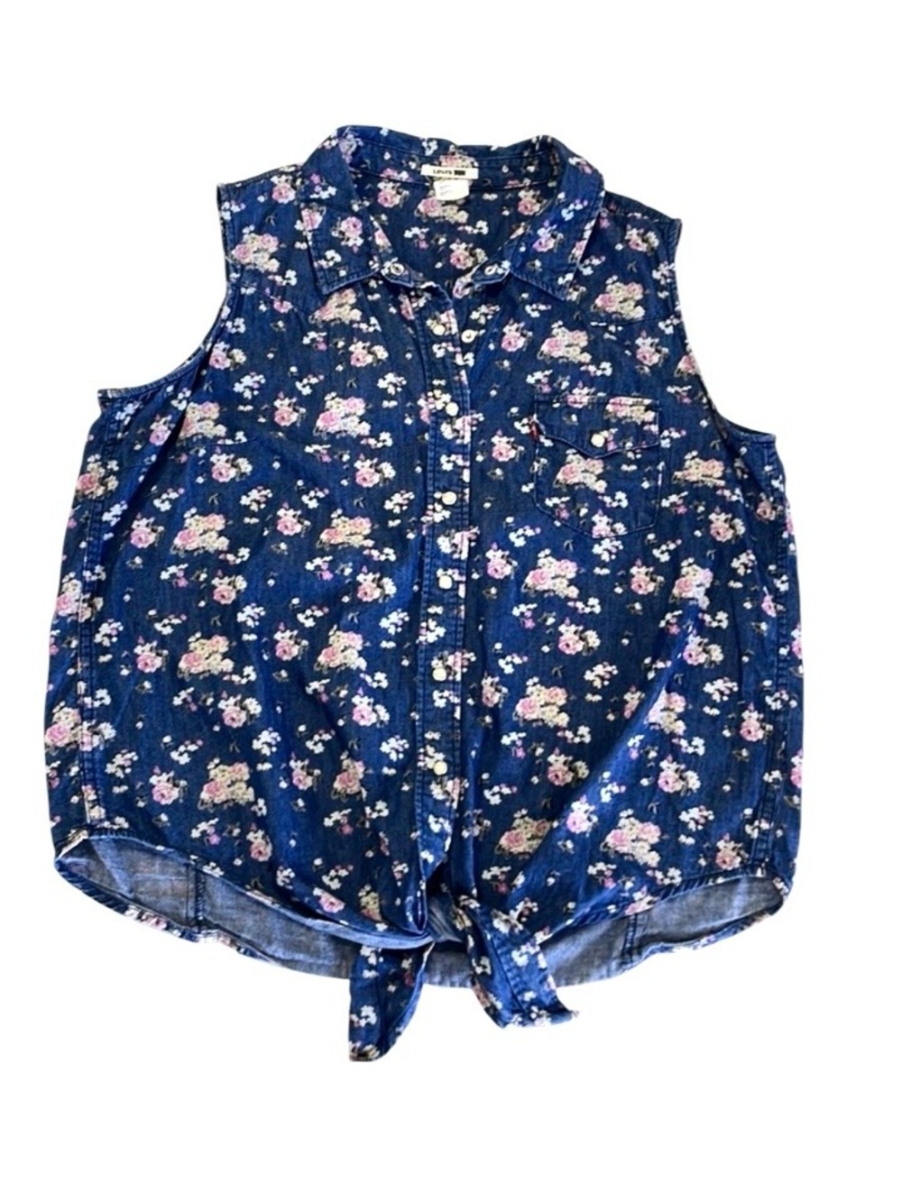 Levi’s Denim Floral Sleeveless Pearl Button Shirt Size XL